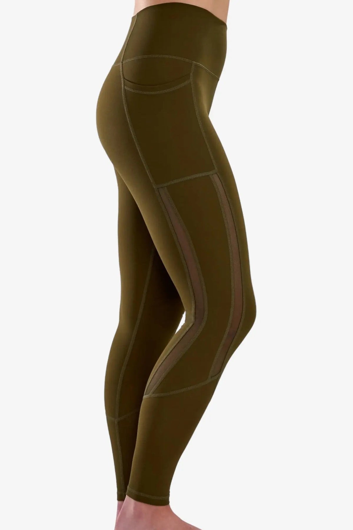 High-Waist Pocket Leggings with Mesh Panels in Mossy Truffle, enlarged view 1